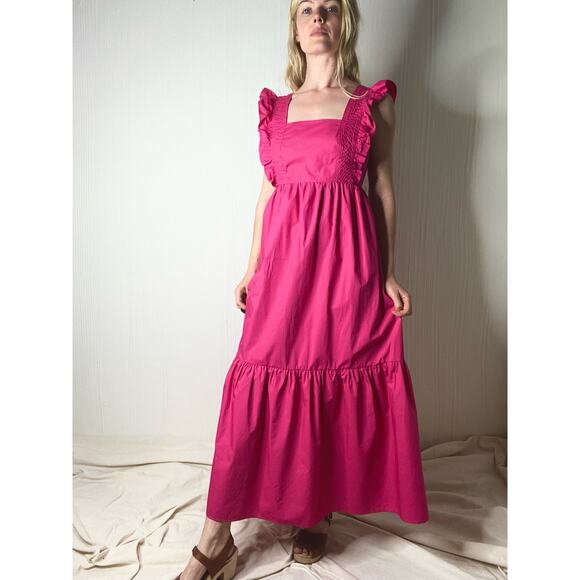 CAARA Ruffle Open Tie Bow Back Cotton Magenta Prairie Maxi Dress NWT US MEDIUM - Picture 2 of 16